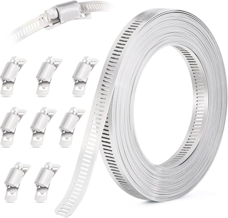 ORU 10FT Hose Clamps,304 Stainless Steel Hose Clamp Assortment Kit DIY Metal Strapping with Holes+8 Fasteners,Adjustable Worm Gear Large Hose Clamps Metal Band Screw Clamp Straps for Pipe,Duct,Tube - Image 1